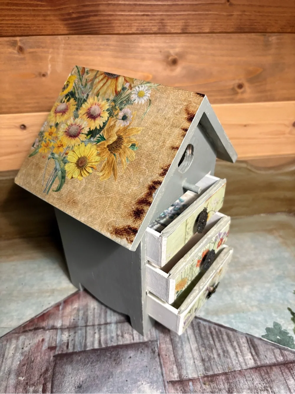 Sage green Wooden Birdhouse-Style Mini Jewelry Box with Floral Drawers
